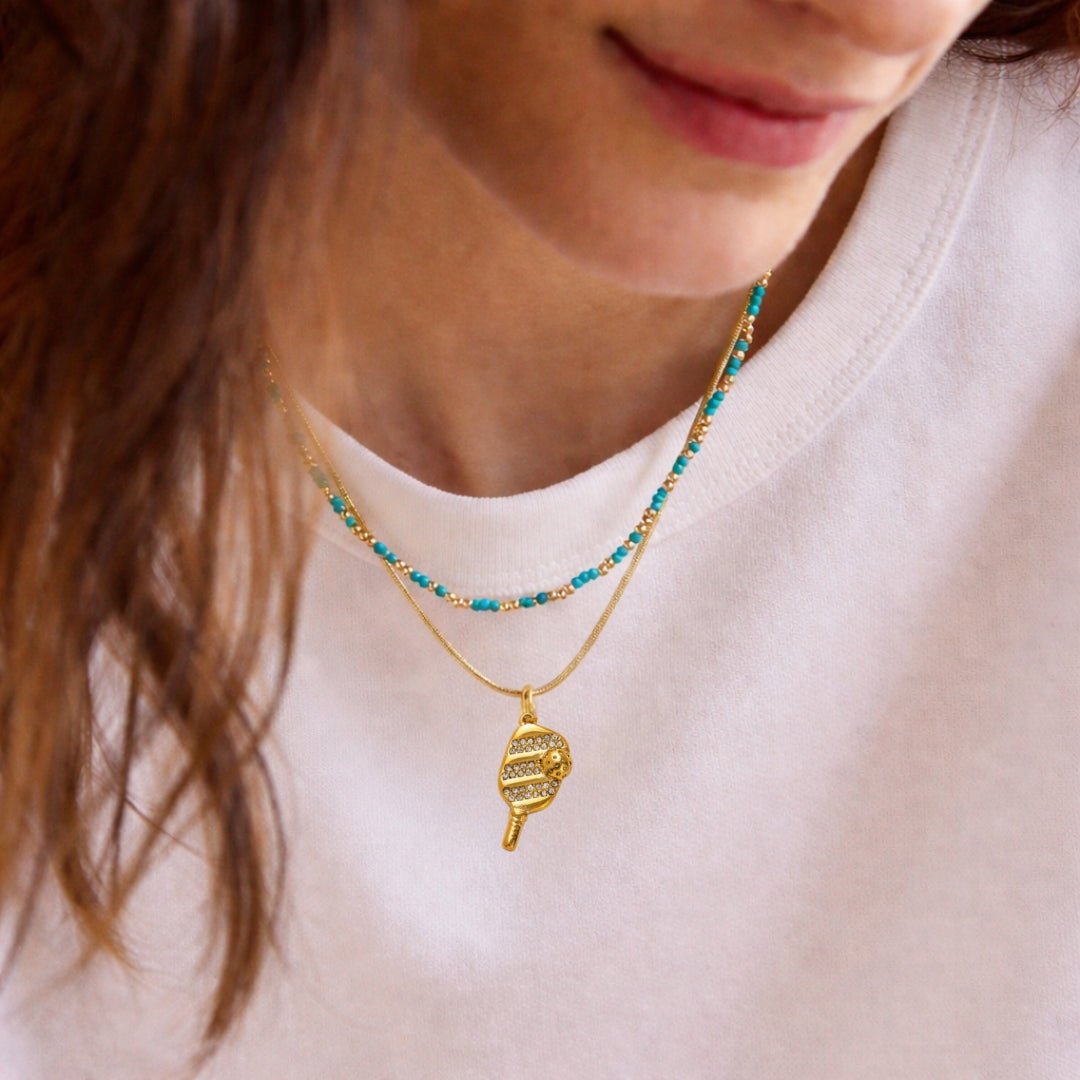 Pickleball Paddle Charm Pendant – 18K PVD Gold Stainless Steel Pickleball Jewelry | Hypoallergenic Sports Charm - FCX